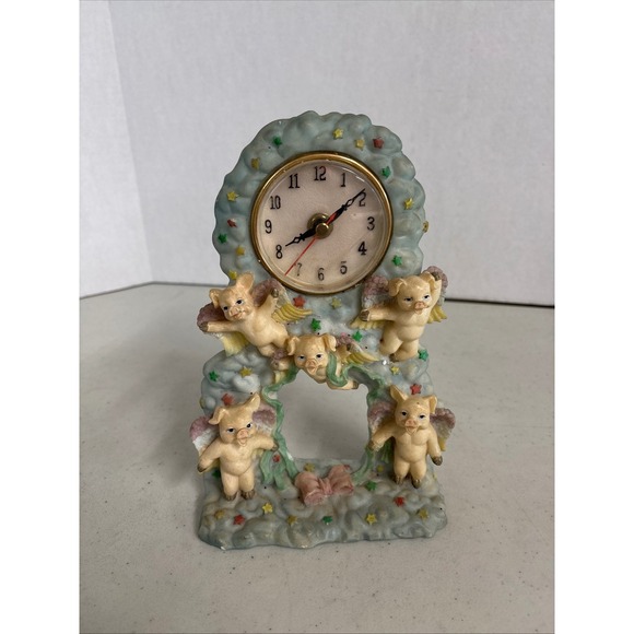Other - Vintage Flying Pig Cherub Angel Cloud Desk Clock Whimsical Kitsch Decor Untested